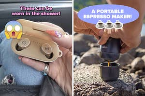 left image: wireless bluetooth headphones, right image: portable espresso maker