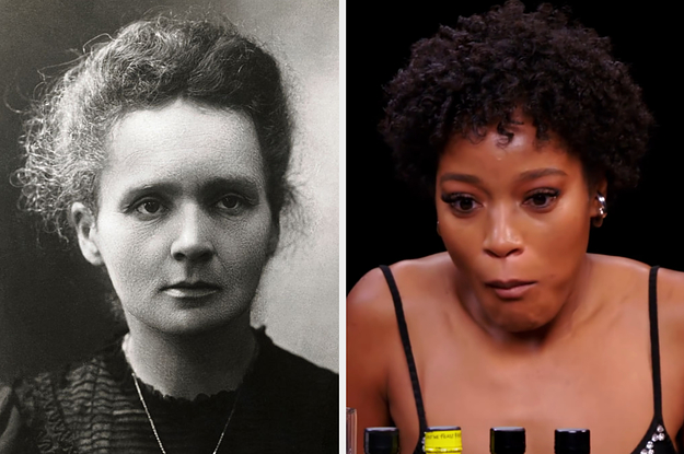 On the left, Marie Curie, and on the right, Keke Palmer looking off in an oh I made a big mistake way