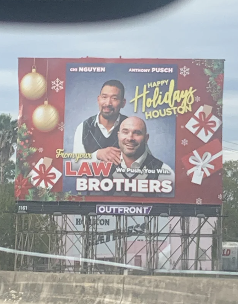 Two men in plaid vests, one man sitting, with text, &quot;From Your Law Brothers,&quot; &quot;We Push, You Win,&quot; and &quot;Happy Holidays Houston&quot;
