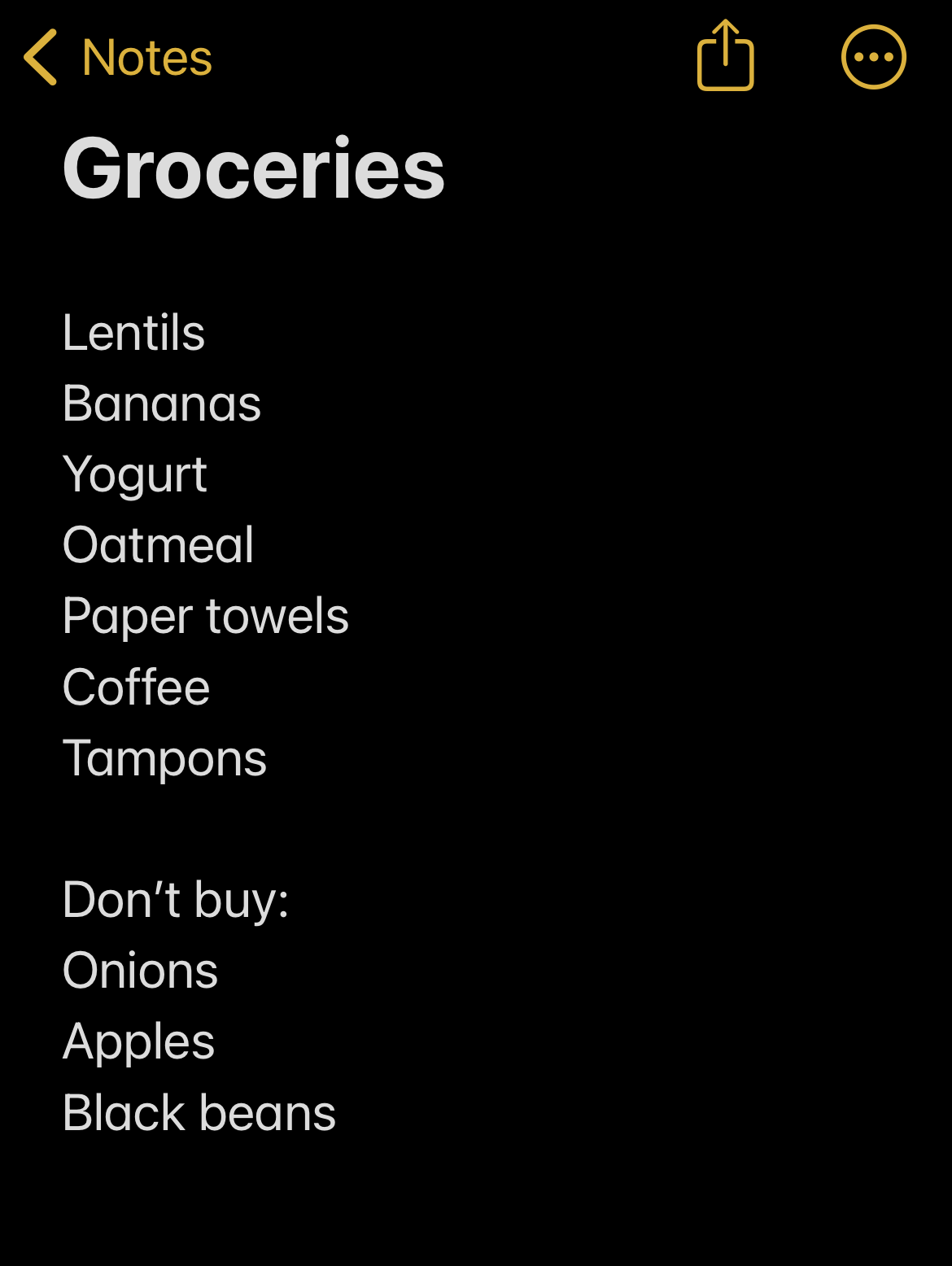 notes app grocery list with a don&#x27;t buy section