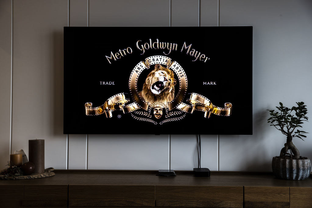 The famous Metro-Goldwyn-Mayer logo on a big-screen TV