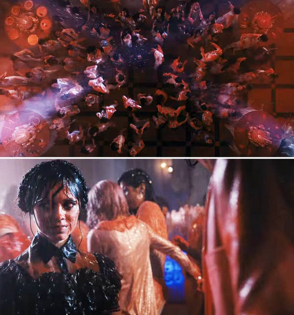 Wednesday standing in the middle of the dance floor soaked