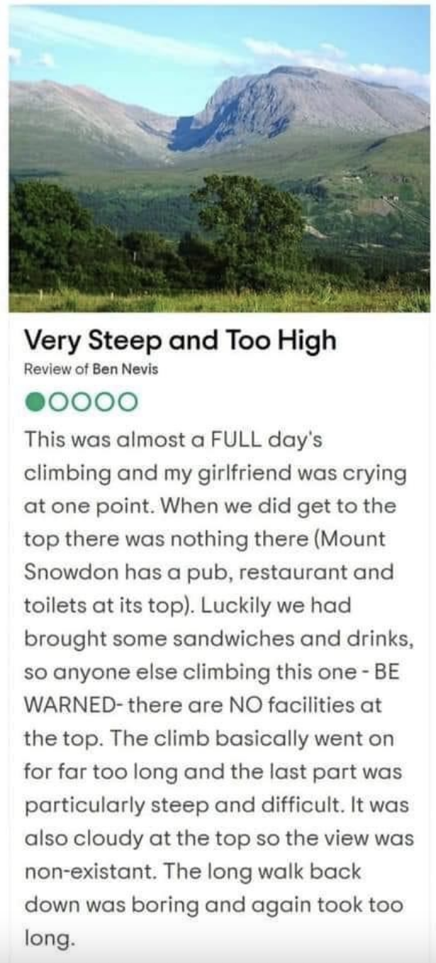 A one-star review of a mountain because the hike was too difficult and there were no bathrooms or restaurants at the top