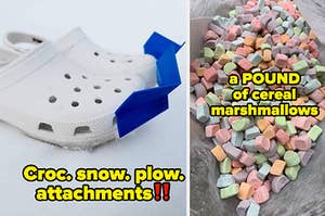 white crocs with blue snow plow blades; a bag of cereal marshmallows