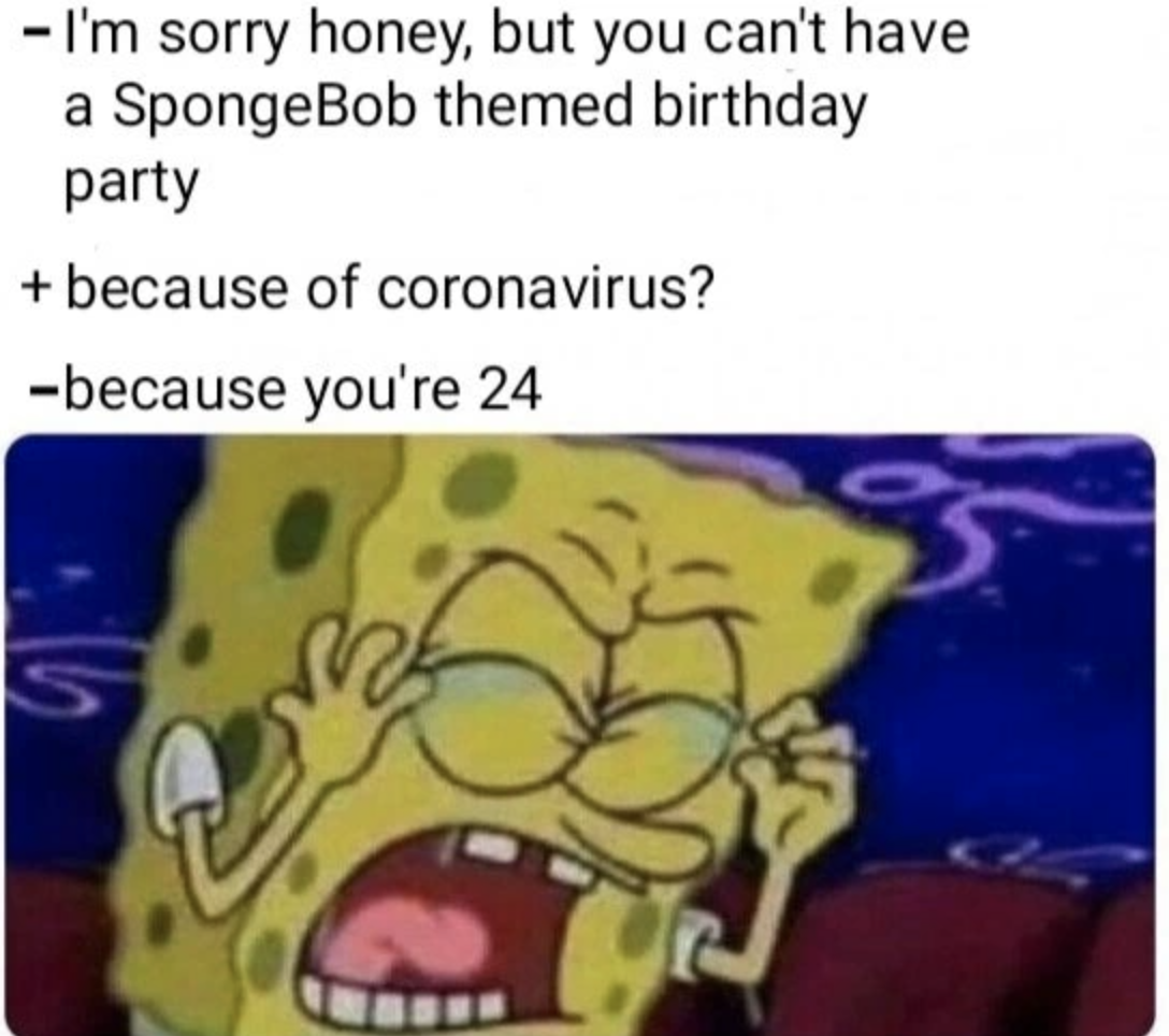 SpongeBob having a temper tantrum with text, &quot;I&#x27;m sorry, honey, but you can&#x27;t have a SpongeBob-themed birthday party,&quot; &quot;Because of coronavirus?&quot; &quot;Because you&#x27;re 24&quot;