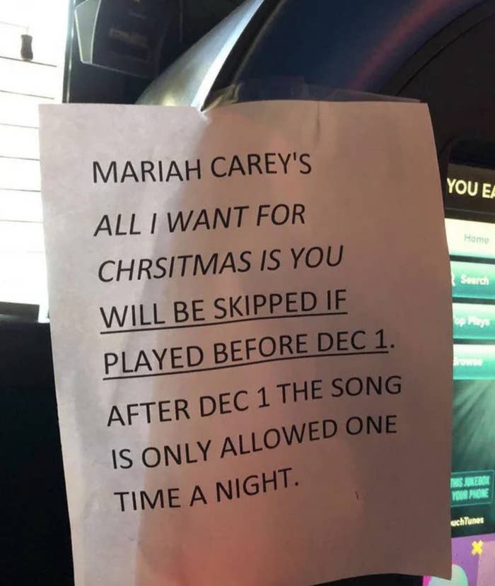 Sign says Mariah Carey&#x27;s All I Want For Christmas can only be played once a night after Dec. 1