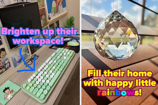 L: a reviewer photo of a wireless keyboard and text reading "Brighten up their workspace!", R: a reviewer photo of a prism hanging in a window and text reading "Fill their home with happy little rainbows!"