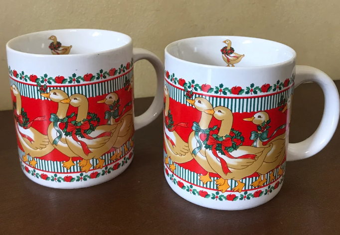 Christmas mugs with geese wearing wreaths