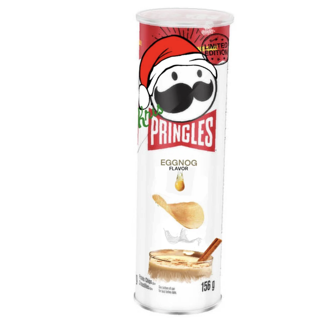 Pringles Eggnog Flavor tube can with the Pringles logo wearing a Santa hat