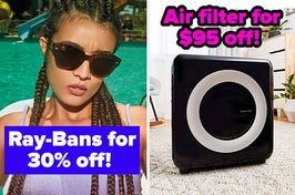 L: a model wearing thick-rimmed ray-bans sunglasses and text reading "Ray-Bans for 30% off!", R: a black air filter and text reading "Air filter for $95 off!"
