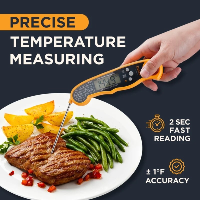 Thermometer sticking into a piece of steak
