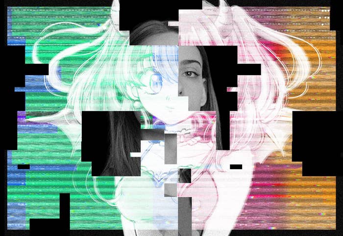 an illustration of an anime girl overlayed with glitchy fragments of a black and white photo of a woman