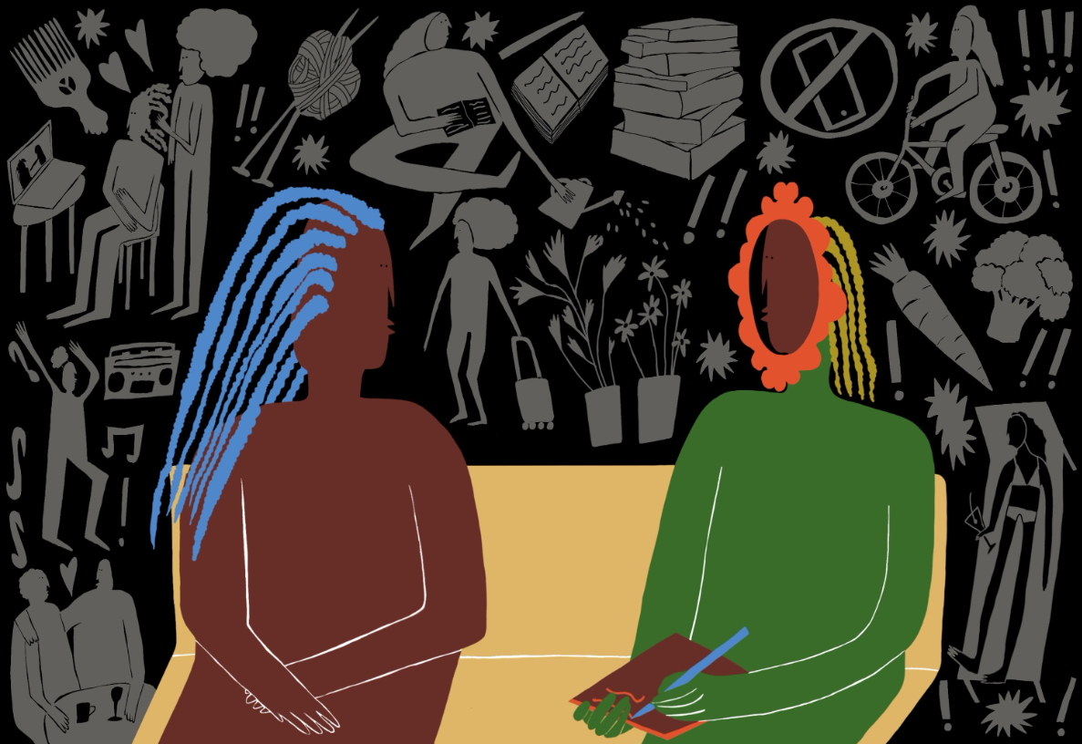 an illustration of a black person with blue braids sitting on a couch and a person with a mirrored reflection of a black person sitting on the right