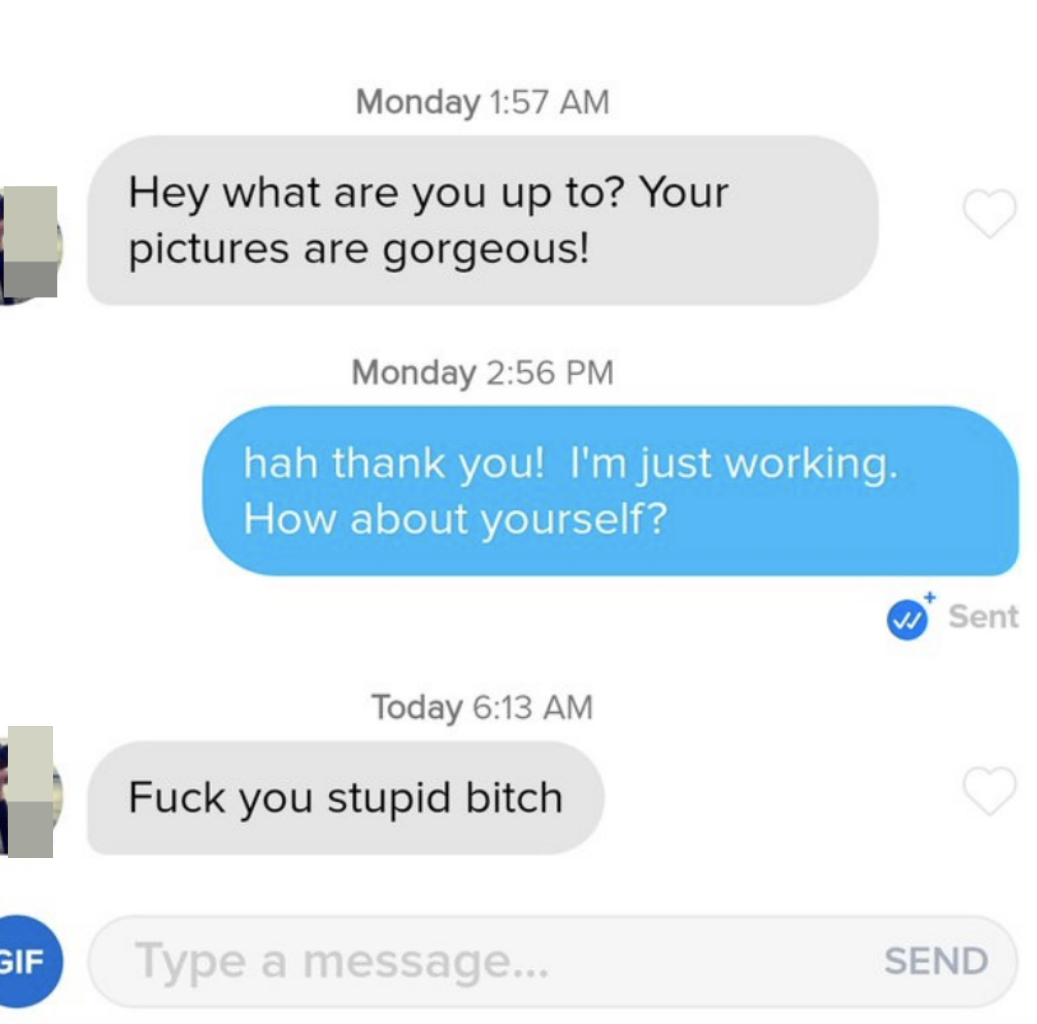 &quot;Hey what are you up to? Your pictures are gorgeous&quot;; &quot;Hah thank you! I&#x27;m just working; how about yourself?&quot; &quot;Fuck you stupid bitch&quot;