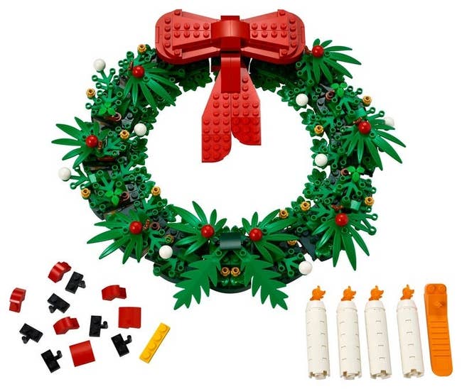 a wreath and candles made from lego bricks