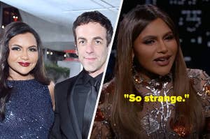 Mindy Kaling wears a sparkly navy blue dress with red lipstick while B.J. Novak wears a black suit. She also appears in a mesh dress with a silver and bronze vine-like detail.