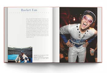 a spread from inside the book of harry dressed as elton john