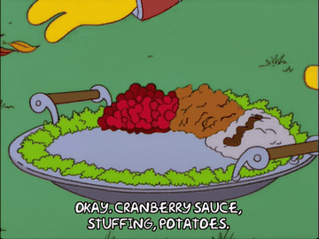 Bart Simpson pointing at a plate saying, &quot;Okay. Cranberry sauce, stuffing, potatoes.&quot;