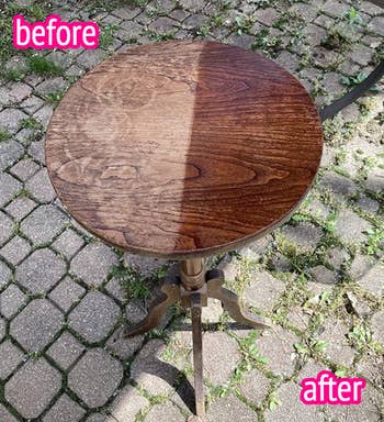 a reviewer photo showing a table before and after using the wood polish