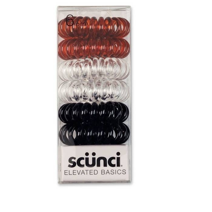 the brown, clear, and black spiral hair ties in a package