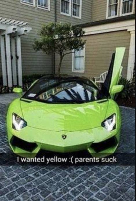 a lime green sports car and the kid&#x27;s comment, &quot;I wanted yellow :( parents suck&quot;