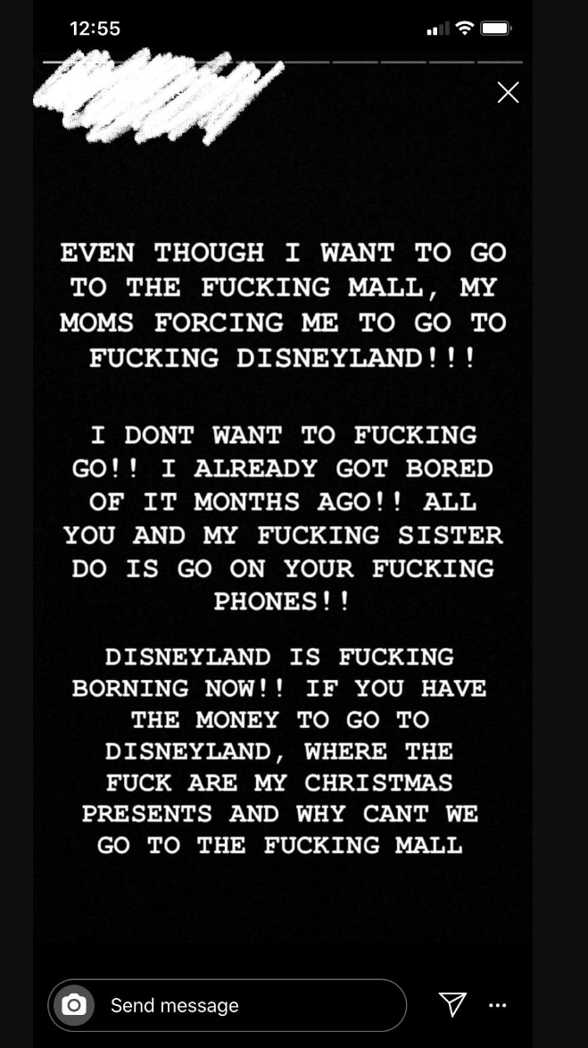 a kid complaining in their Instagram story that their parents are forcing them to go to Disneyland but won&#x27;t take them to the mall