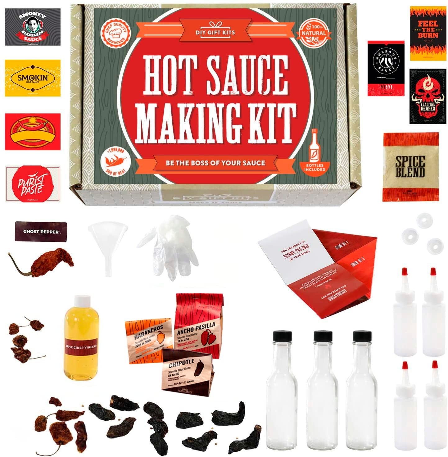 hot sauce making kit with bottles, dried peppers, spice blends, etc