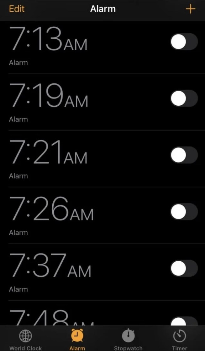 A bunch of alarms on an iPhone