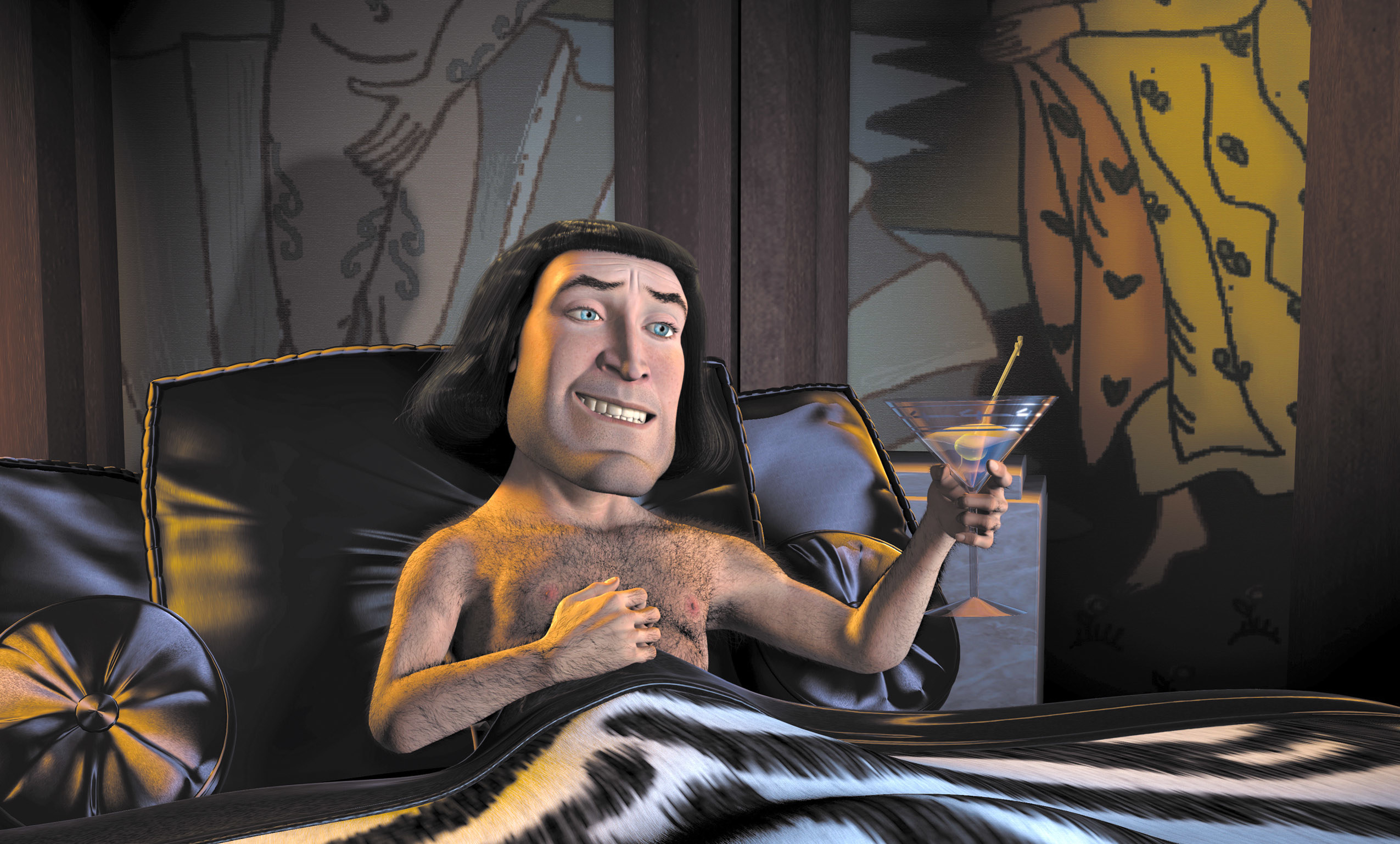 Lord Farquaad in bed enjoying a martini