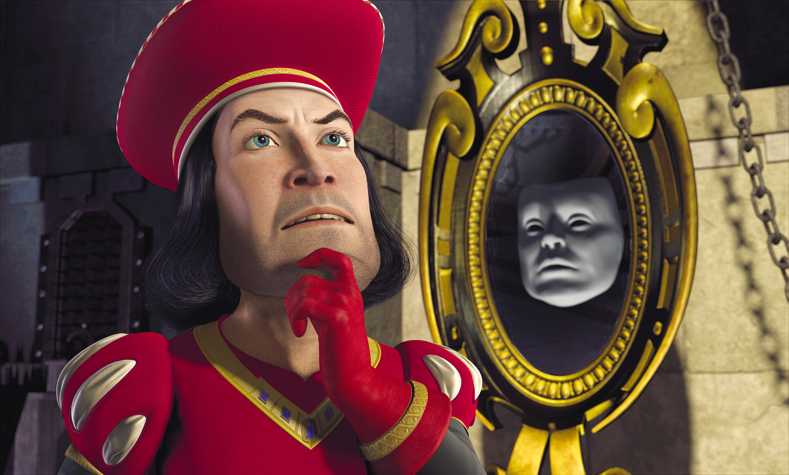Lord Farquaad who rocks a bob-like hairstyle that&#x27;s parted down the middle