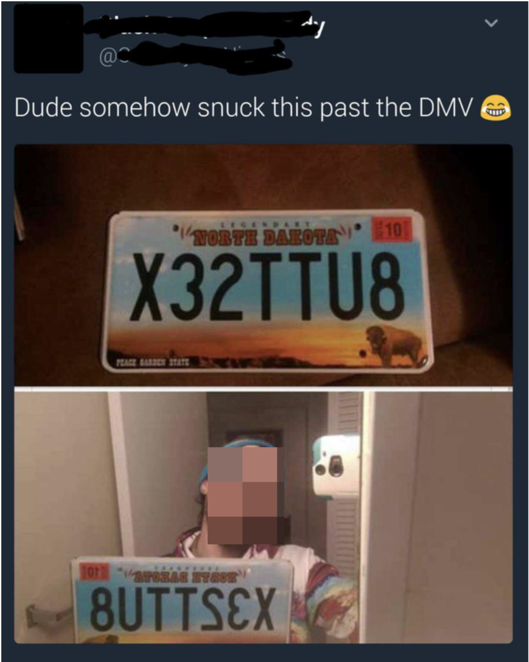 selfie of someone holding a license that looks like it says buttsex