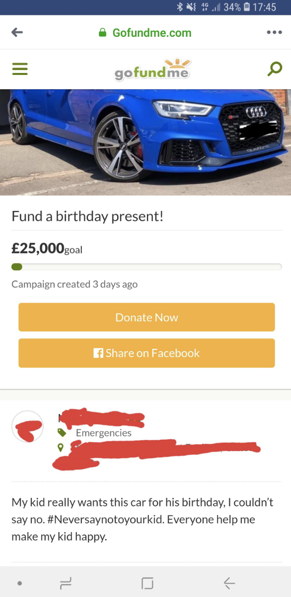 a fundraiser for a $25,000 car for someone&#x27;s kid&#x27;s birthday