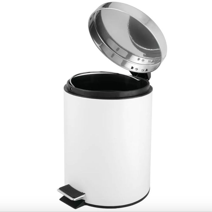 White step trash can with lid open to reveal removal bucket liner with chrome handle