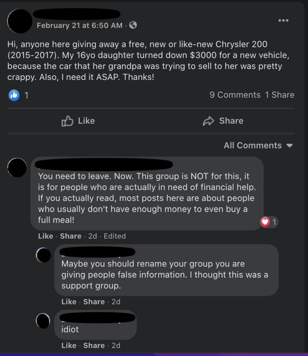 a person asking if anyone has a new Chrysler for sale because his daughter turned down a $3,000 car