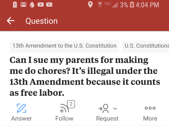 a Reddit question: Can I sue my parents for making me do chores? It&#x27;s illegal under the 13th Amendment because it counts as free labor&quot;