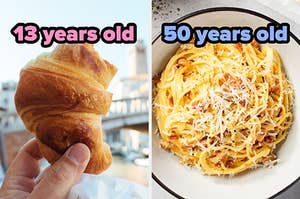 On the left, someone holding a croissant with a bite taken out of it labeled 13 years old, and on the right, some spaghetti carbonara labeled 50 years old