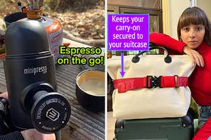 评论者在一个露营地拿着一家便携式浓缩咖啡制造商，带有文字：浓缩咖啡！/坐在手提箱上的随身携带的旁边，带有带有文字的红色方格表带：将您的随身携带固定在手提箱上