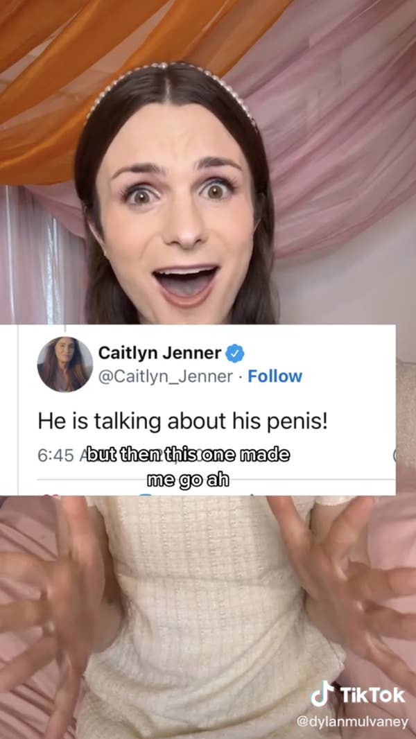 Screenshot of Dylan looking shocked over Caitlyn&#x27;s tweet &quot;He is talking about his penis!&quot;