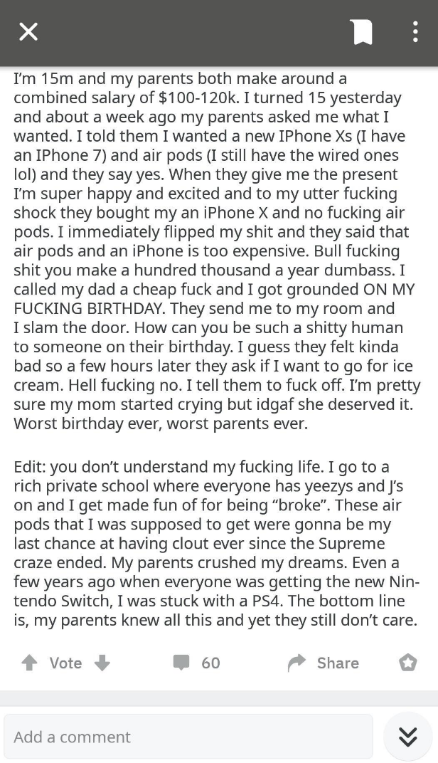 a kid complaining that the only got a brand-new phone and no AirPods for their birthday