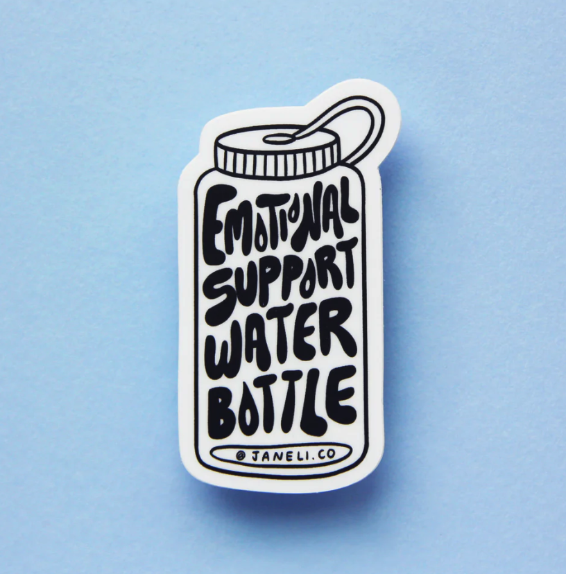 Emotional Support Water Bottle sticker on blue background