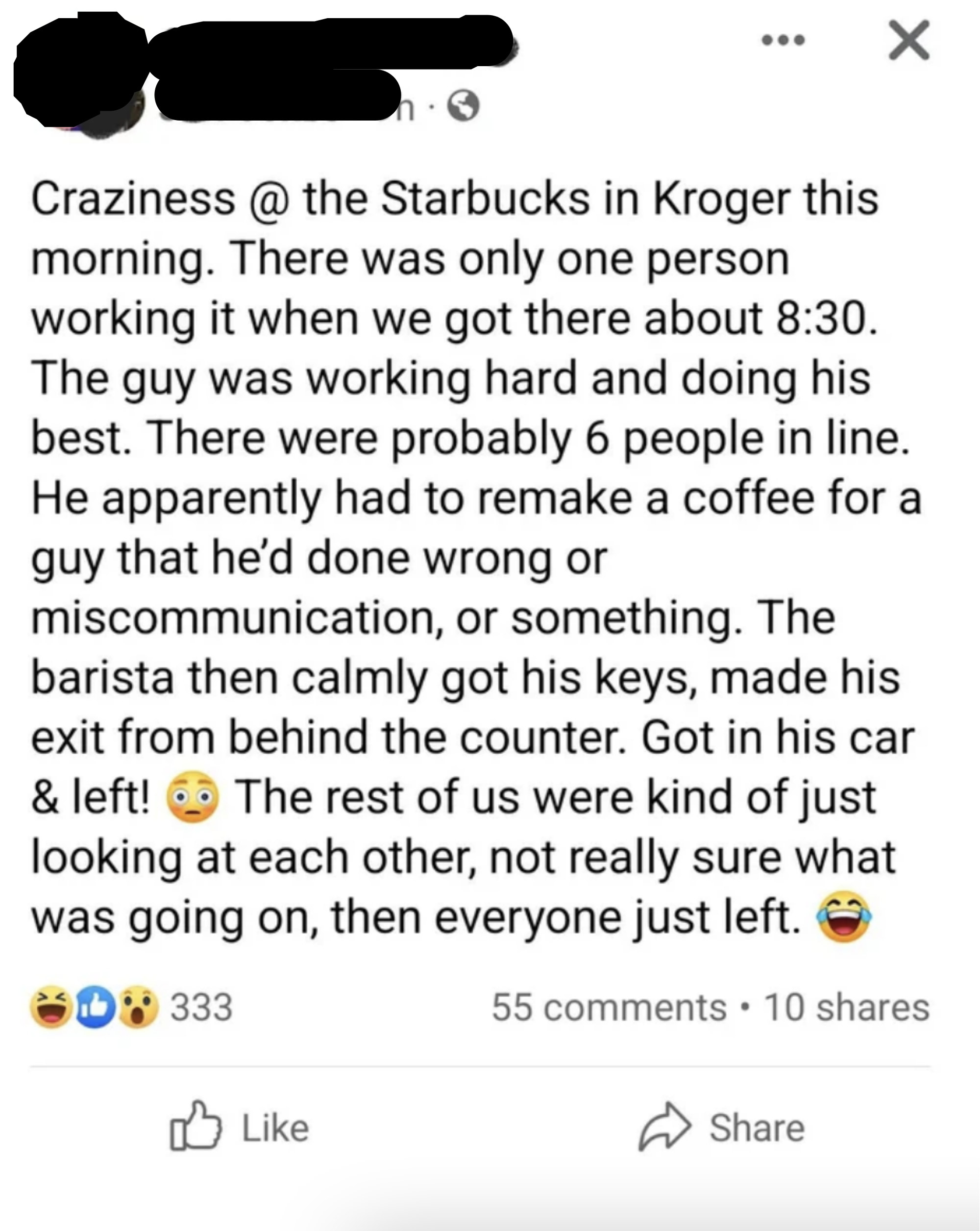 A Starbucks location only had one barista, who had to serve a line of people. A customer demanded they remake their drink, but the barista got in their car and left