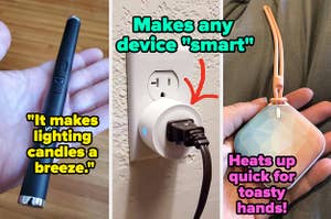 L: a reviewer holding a lighter and quote reading "It makes lighting candles a breeze.", M: a photo of a smart outlet and test reading "Makes any device "smart", R: a reviewer holding a square device and text reading "Heats up quick for toasty hands!"