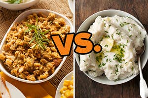 On the left, some stuffing, and on the right, some mashed potatoes topped with herbs and butter with versus typed in the middle