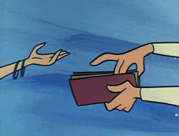 Person in a cartoon handing a dollar to someone and they take the whole wallet