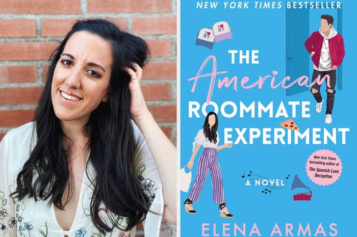 Elena Armas smiling; the cover of The American Roommate Experiment