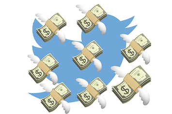 Twitter logo with flying dollar emojis