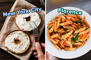 On the left, bagels with cream cheese labeled New York City, and on the right, some penne with marinara sauce labeled Florence