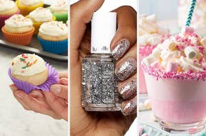 a person peeling a silicone wrapper off a cupcake, a person holding a bottle of sparkly nail polish, and a colourful hot cocoa in a mug