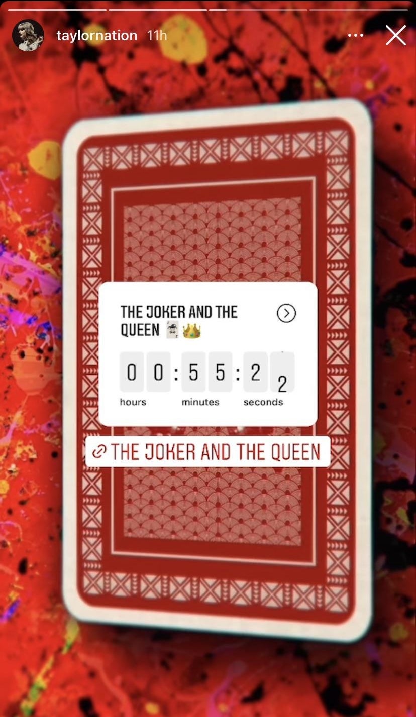 A screenshot from an Instagram story from @taylornation, it shows a playing card and a countdown for &quot;Joker and the Queen&quot;, but it&#x27;s stuck on 55:22