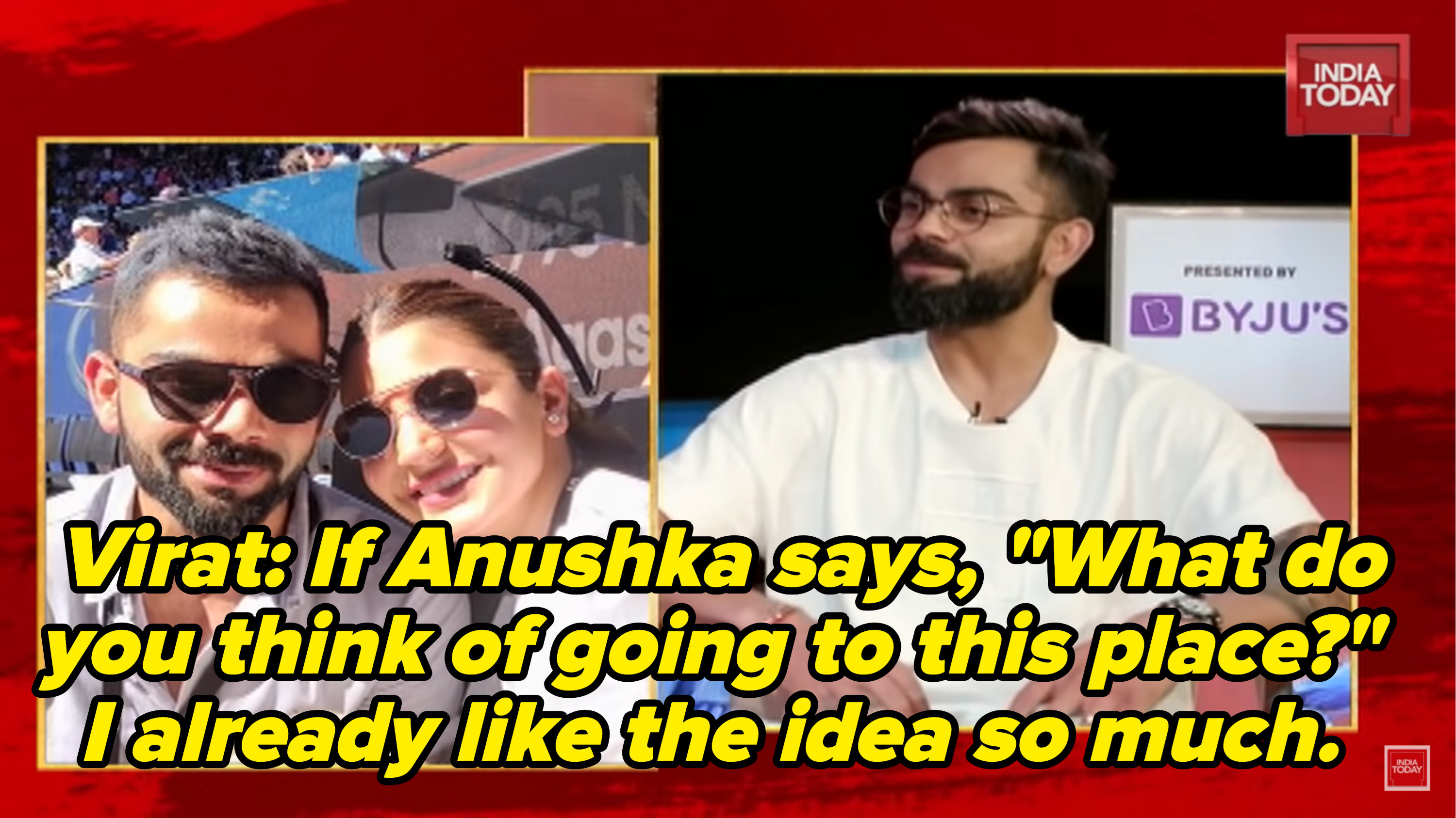 A split screen of Virat Kohli speaking and a picture of him and Anushka Sharma
